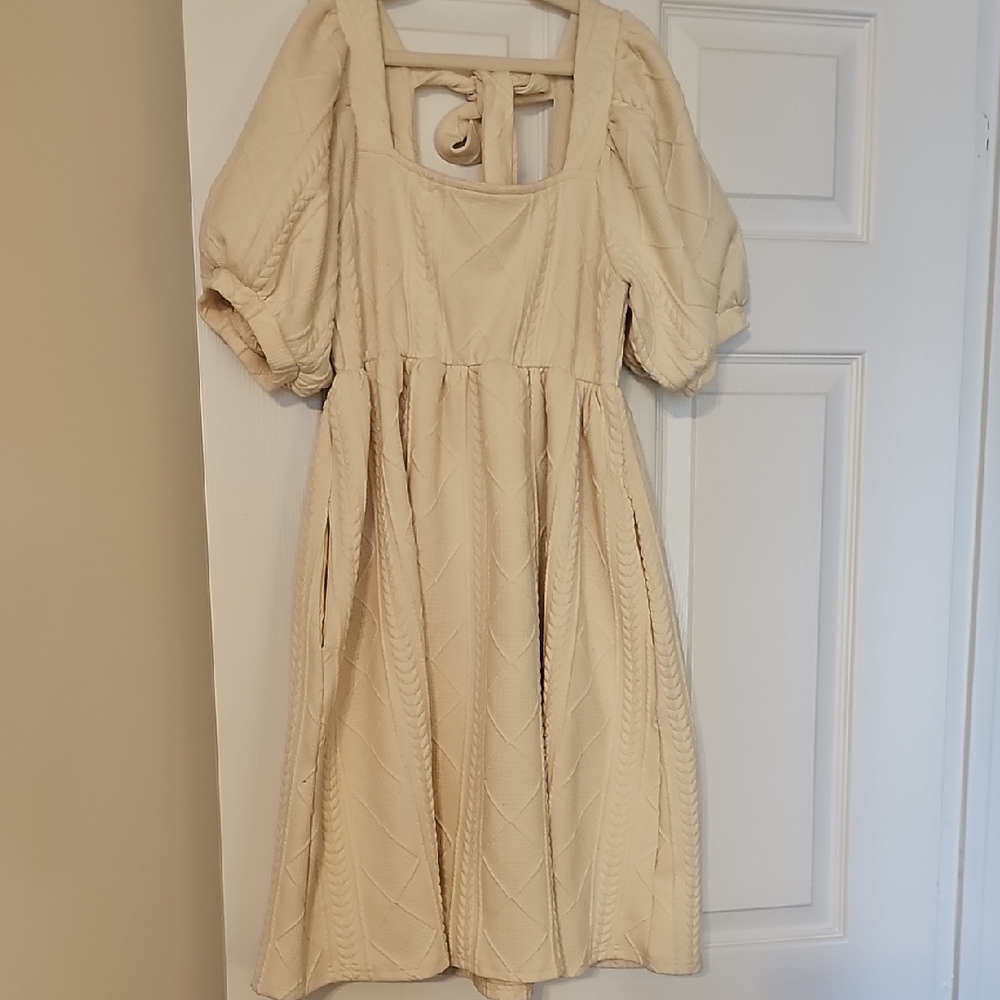 Listicle Cream Mini Dress with Puff Sleeves